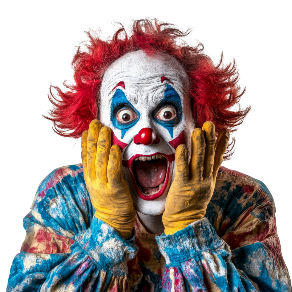 A clown in a colorful outfit tries to surprise and scare with a dramatic expression against a bright transparent background, Clown trying to scare surprise someone on transparent background png