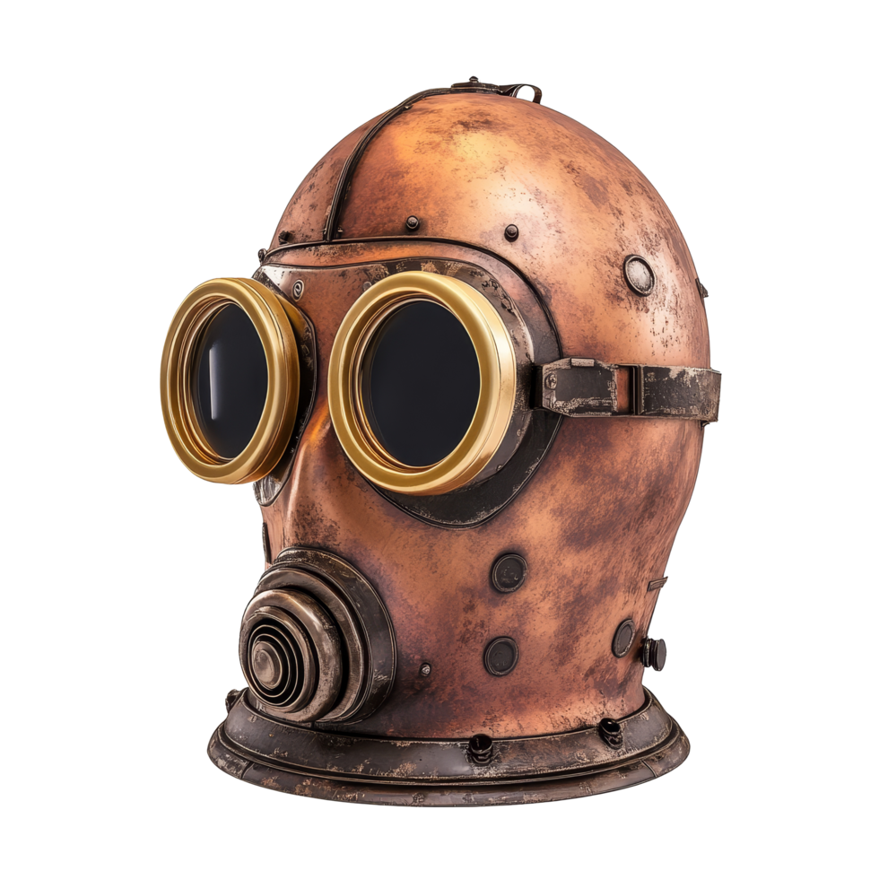 Vintage cartoon diving helmet displayed against a clean transparent background with unique design features, 3D Cartoon Vintage Diving Helmet On transparent background png