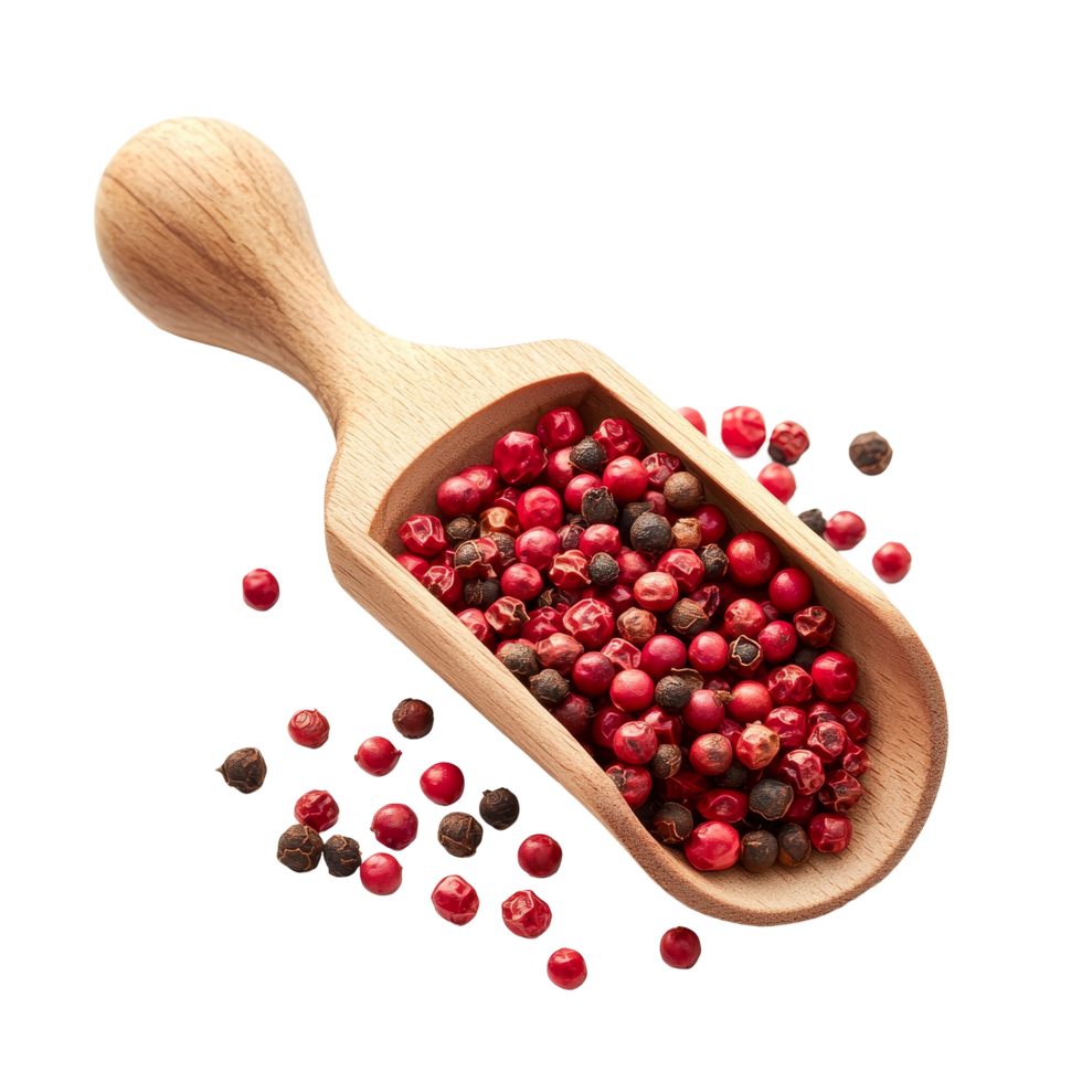 Red peppercorns in a wooden scoop on a transparent background, displayed for culinary use and gourmet seasoning, Red peppercorn in wood scoop isolated on transparent background png