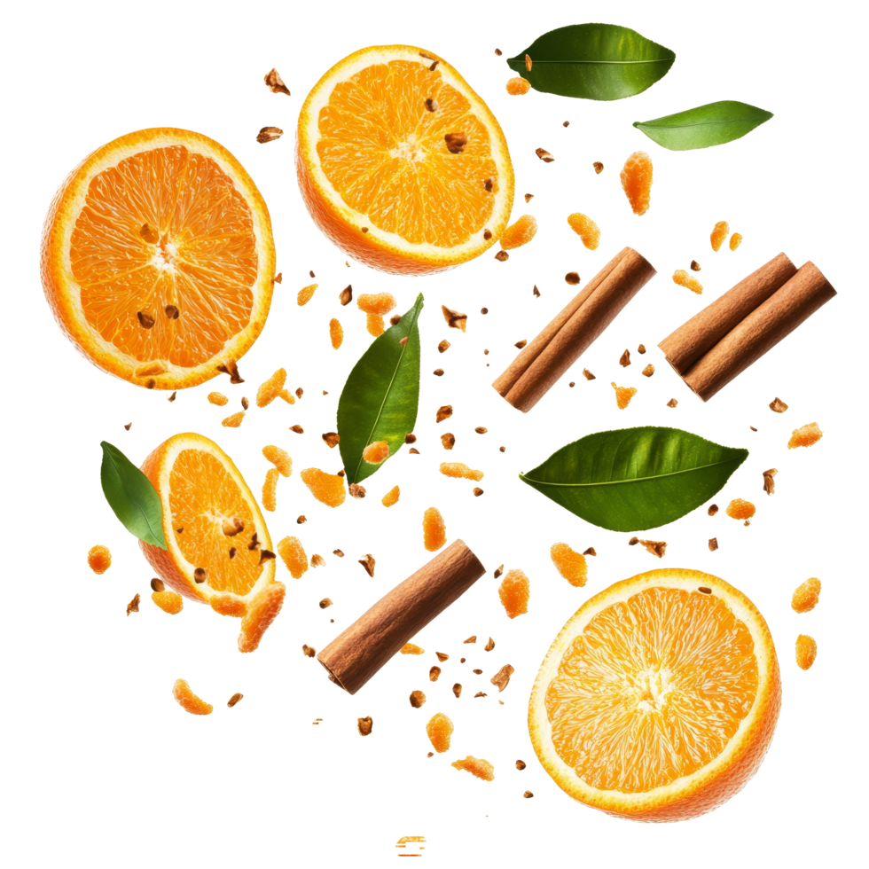 Falling oranges and cinnamon sticks surrounded by green leaves on a clean transparent background, falling oranges and cinnamon with leaves isolated on transparent background png