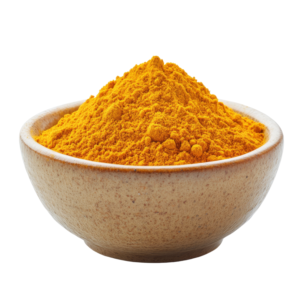 Turmeric powder in a ceramic bowl on a transparent background highlighting its vibrant color and texture, Turmeric powder in ceramic bowl isolated on transparent background png
