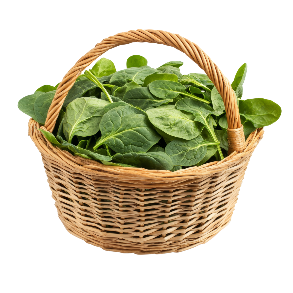 Fresh spinach leaves in a woven basket isolated on a clean transparent background for culinary and health purposes, Spinach leaves in basket isolated on transparent background png
