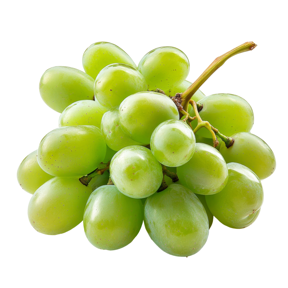 Fresh green grapes isolated against a clean transparent background showcasing their juicy texture and vibrant color, Fresh green grapes Isolated on transparent background png