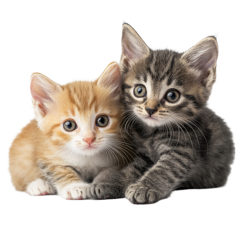 Cute kittens cuddling together on a soft transparent background, showcasing their playful nature and adorable features, kittens on transparent background png