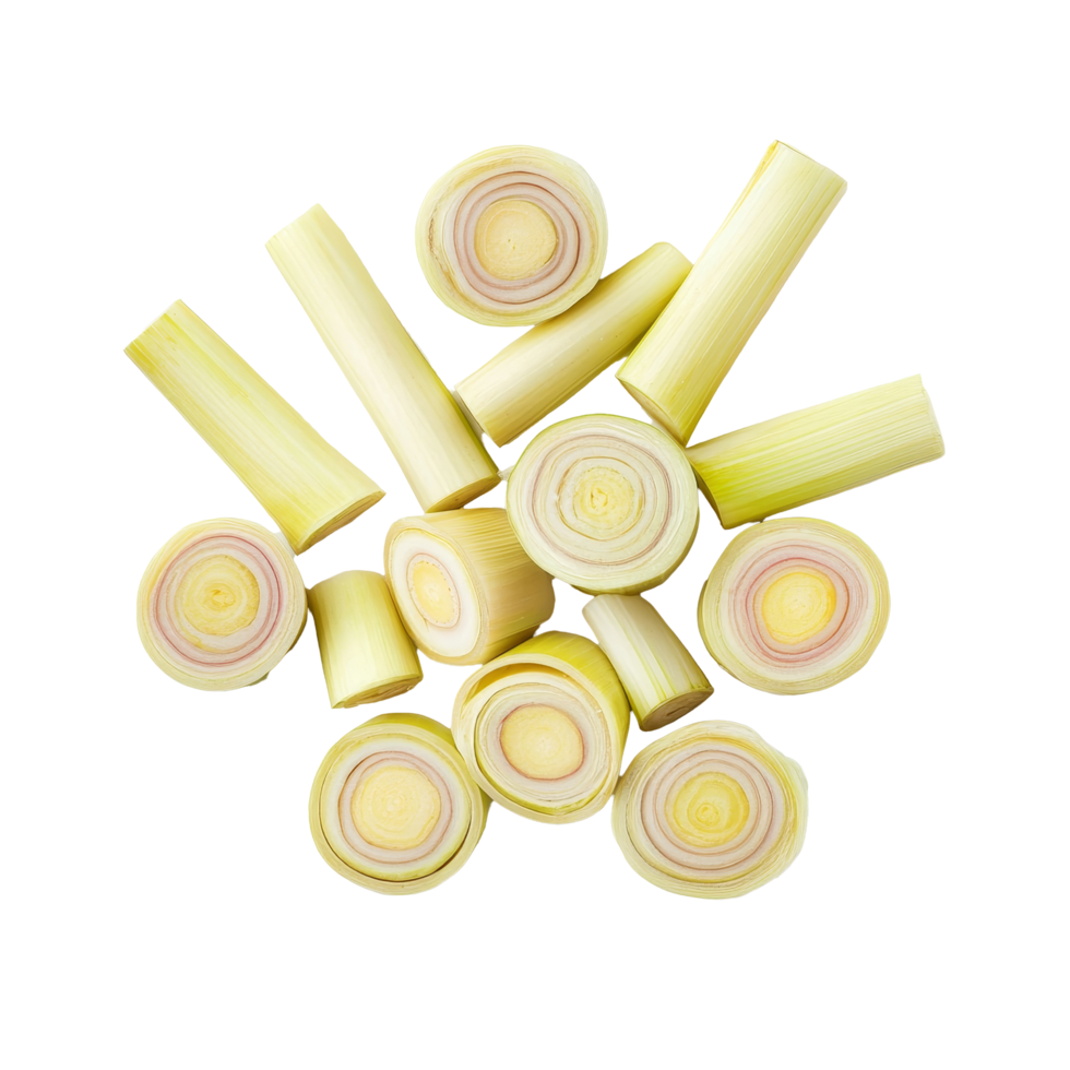 Fresh lemongrass slices arranged on a transparent background for culinary use and food styling, lemongrass slices top view isolated on transparent background png