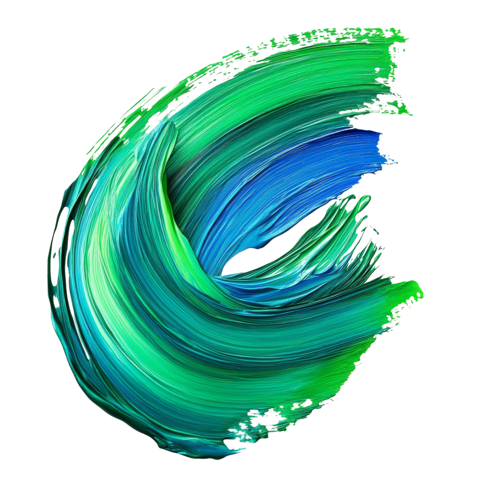 A vibrant green and blue paint brush stroke on a transparent background displaying artful creativity and texture, green twisted blue paint brush stroke isolated on transparent background png