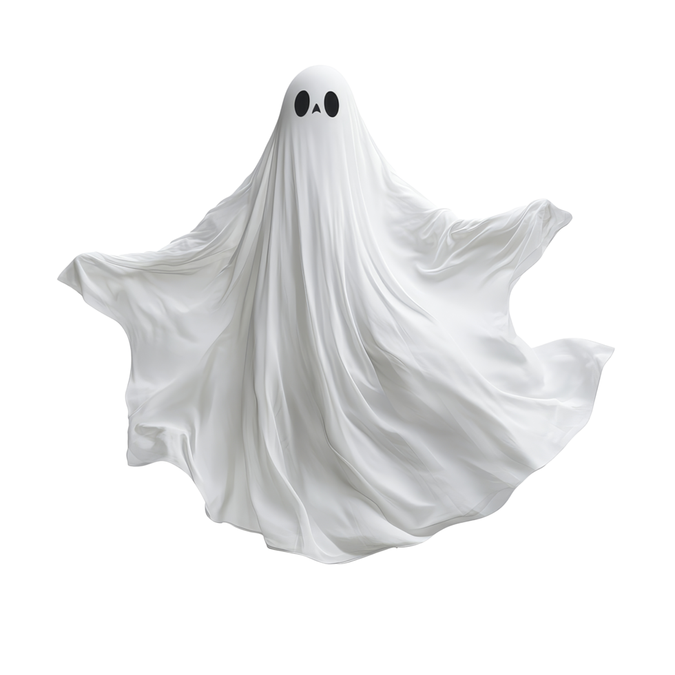 A flying Halloween ghost made from a transparent sheet floats against a bright transparent background during spooky season, flying halloween ghost in a transparent sheet on transparent background png