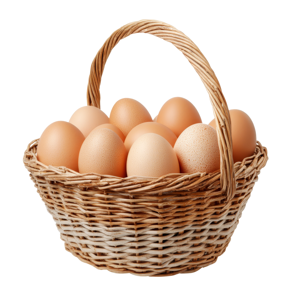 A rustic basket filled with fresh brown eggs resting on a clean transparent background, Brown eggs in the basket on transparent backgroundfile png