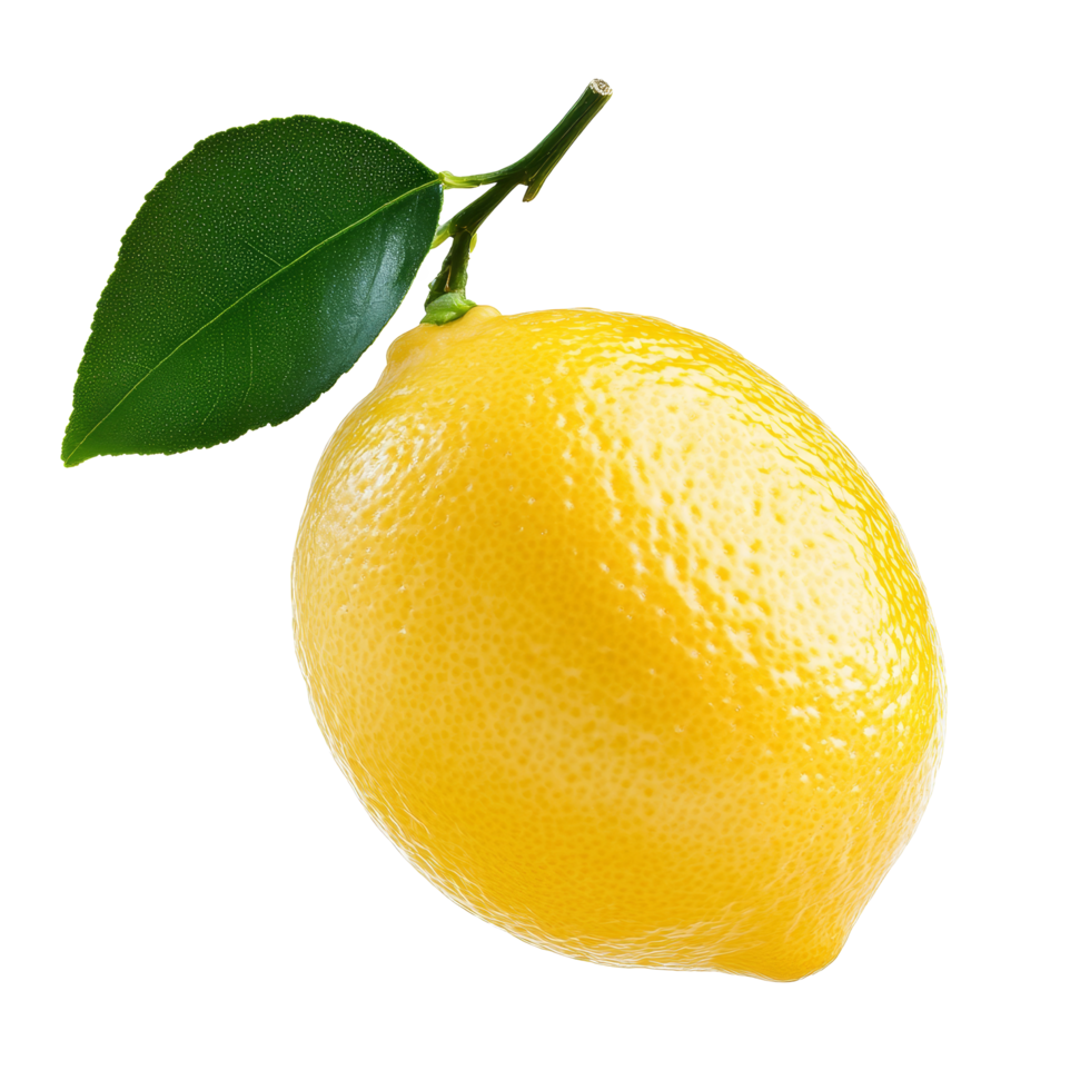 Fresh lemon with vibrant yellow color and green leaves isolated on a clean transparent background, lemon isolated in transparent background format png