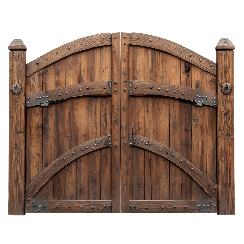 Rustic arched wooden gates isolated on a transparent background with ornate metal hardware details, Rustic wooden gates with arched isolated on transparent background or transparent backgroud png