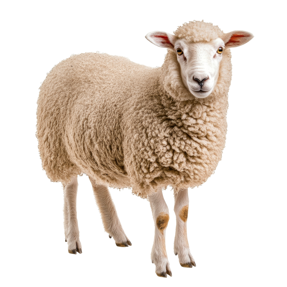 Fluffy sheep standing calmly on an isolated transparent background, showcasing its soft wool fleece during daylight, Sheep on isolated transparent background png