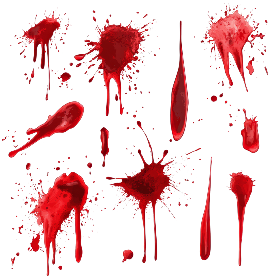 Red blood splashes depict a gruesome setting, suggesting a violent event in a stark, unadorned environment, Red Blood Splashes, Gruesome Crime Scene Elements Isolated on transparent background png