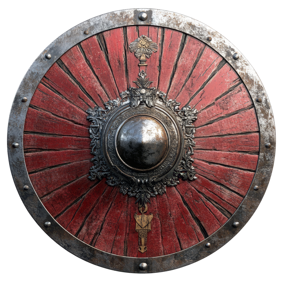 A detailed medieval knight shield with ornate design from the Dark Ages displayed against a plain backdrop, medieval shielddark ages knight shield isolated on transparent background png