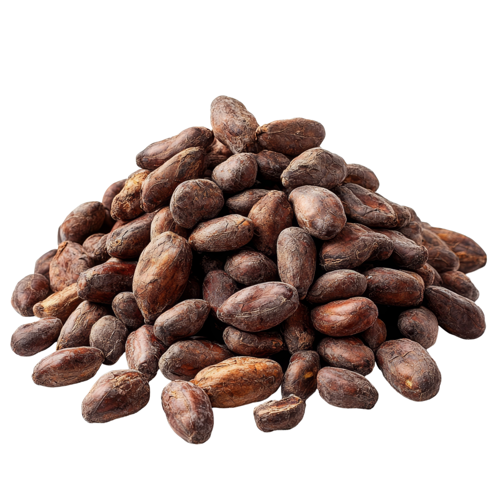 A pile of cocoa beans on a transparent background showcasing the raw material for chocolate production, Pile of cocoa beans isolated on transparent background png