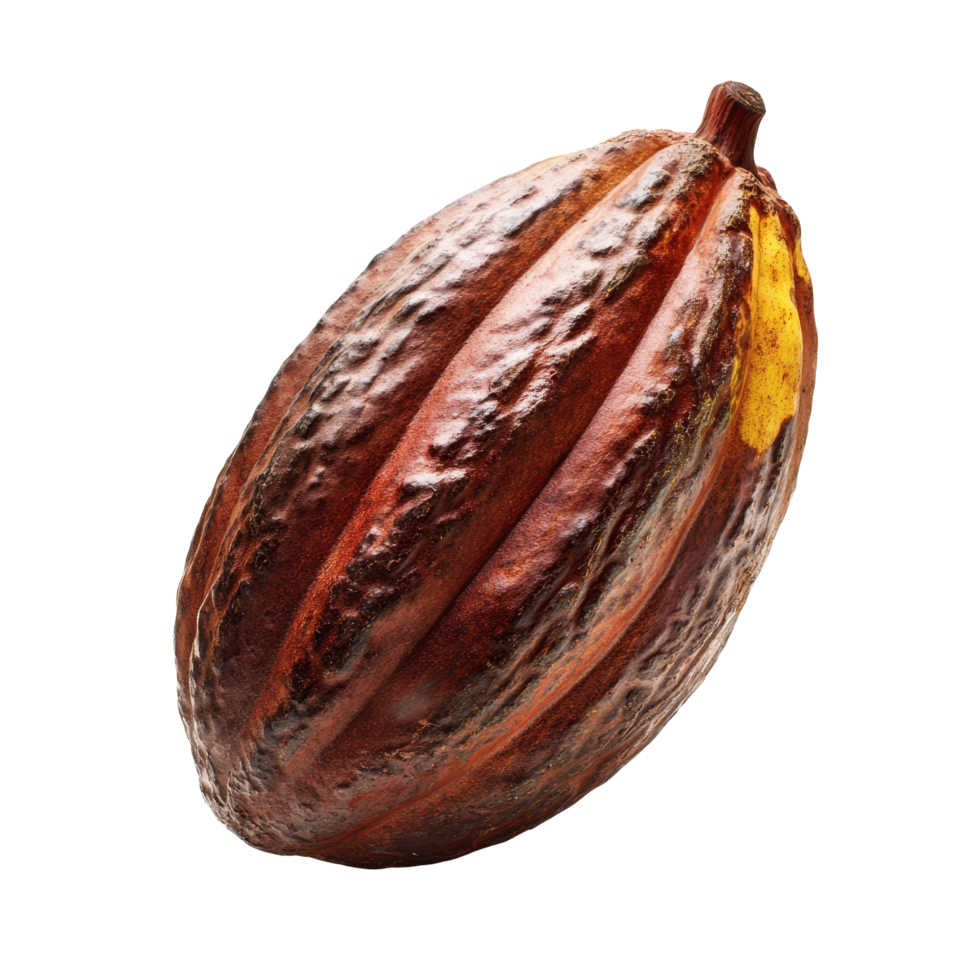 A single ripe cocoa fruit isolated on a transparent background showcasing its rich colors and textured surface, single ripe cocoa fruit isolated on transparent background png