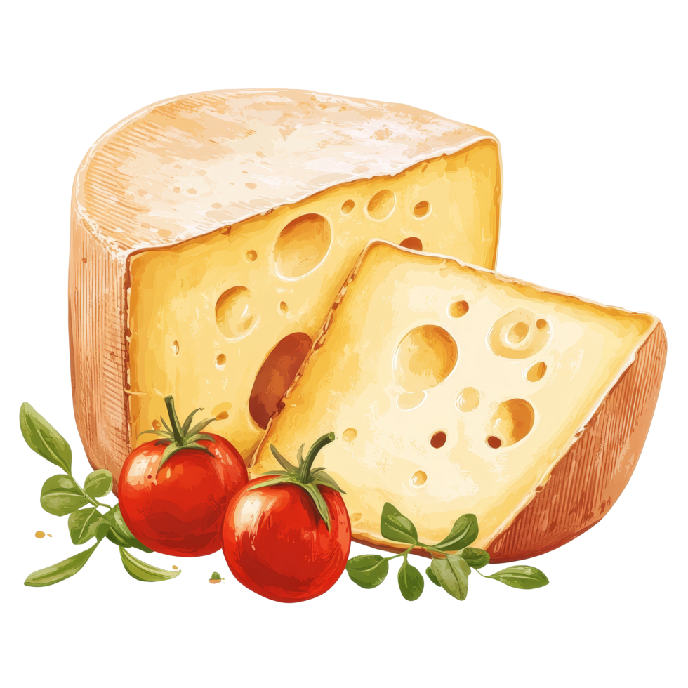 A delicious block of cheese with holes, accompanied by ripe tomatoes and fresh herbs, perfect for culinary creations or gourmet snacking, Cheese isolated Stock Illustration png