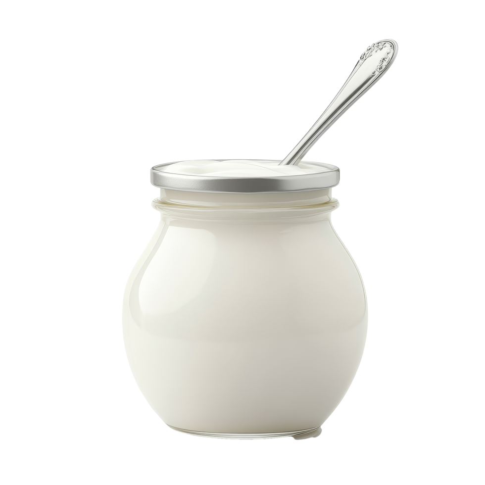 Creamy yogurt in a glass jar with a silver spoon isolated on a bright transparent background, Glass jar yogurt with spoon isolated on transparent background png