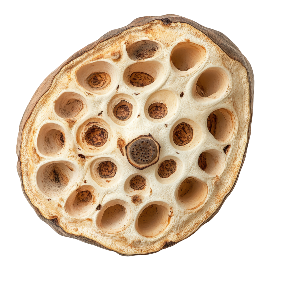 Lotus root sliced in half, revealing unique structure and texture against a transparent background for culinary exploration, Lotus root on transparent background png