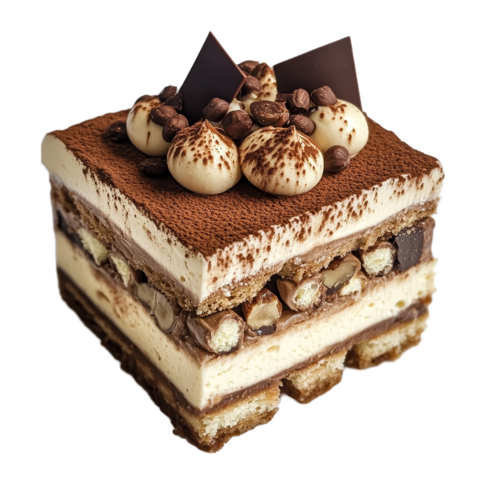 Delicious isolated hazelnut tiramisu cake topped with curd cream and chocolate garnishes on a clean background, Isolated hazelnut tiramisu cake with curd cream png