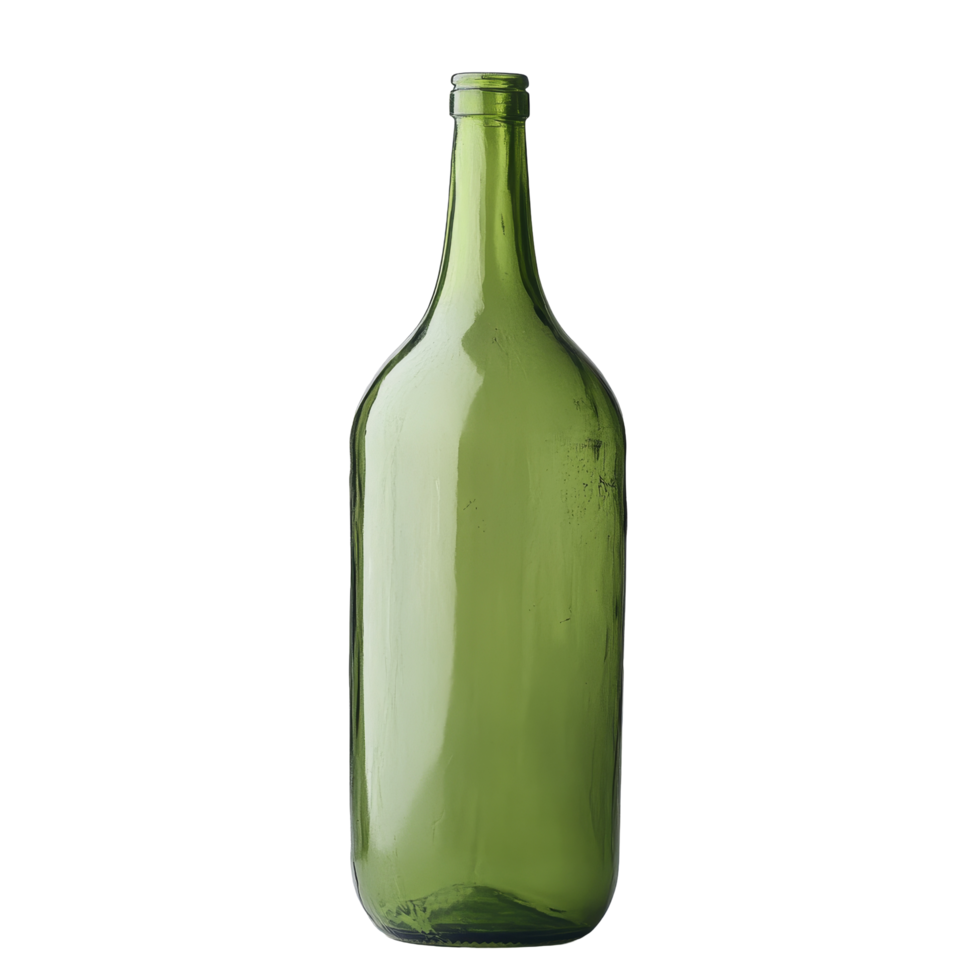 Empty green glass bottle without a cap displayed against a clean background for artistic purposes or storage ideas, Green bottle no cap png