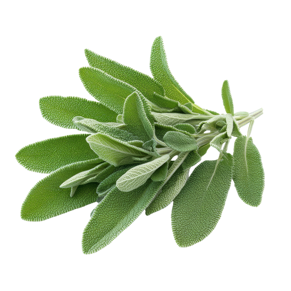 Fresh sage herb leaves isolated on a transparent background showcasing their vibrant green color and unique texture, sage herb leaves isolated transparent background png
