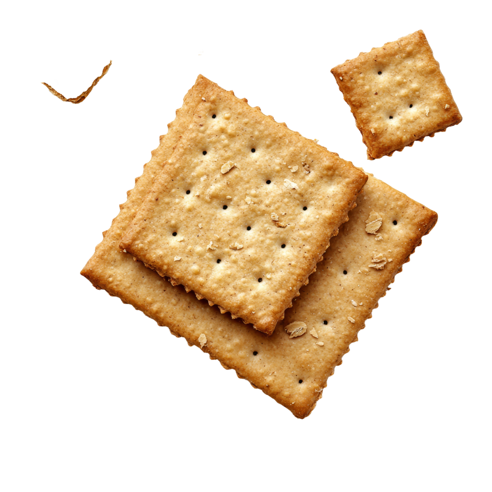 Whole wheat crackers arranged on a clean transparent background with broken pieces scattered around, whole wheat cracker and broken crushed on transparent background top view isolated on transparent png