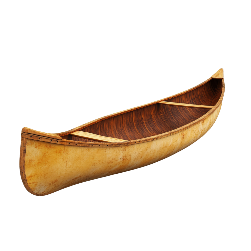 A handcrafted canoe isolated on a transparent background showcasing its elegant design and natural materials, Canoe isolated on transparent background png