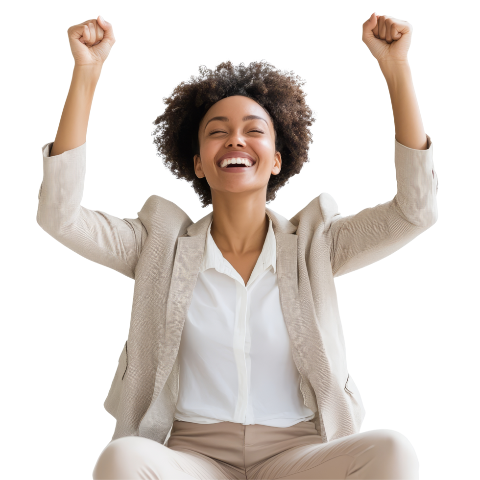 Woman celebrating joyfully in a business suit, expressing happiness and success in a bright environment, file no background Woman sitting and celebrating with raised arms png