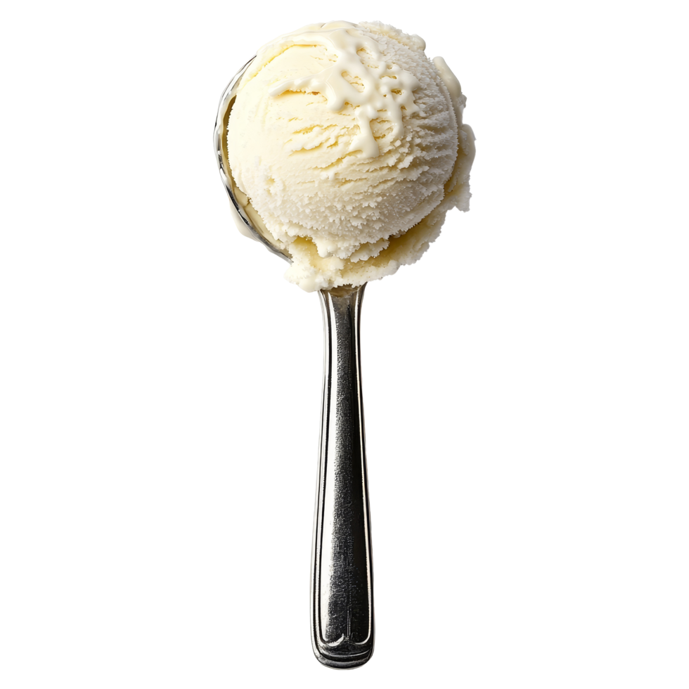 A delicious scoop of creamy vanilla ice cream on a silver spoon against a clean transparent background, ice cream scoop on transparent backgroundfile png