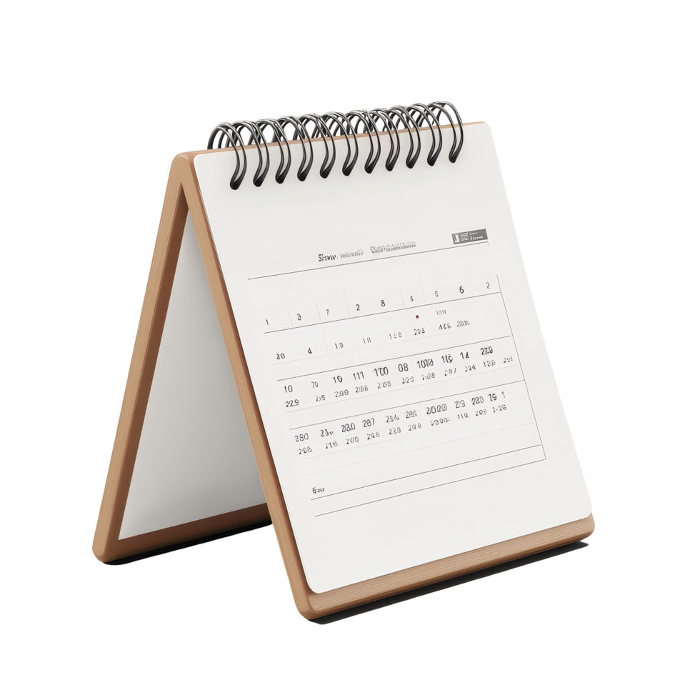 Table calendar design on a transparent background featuring a clear, organized monthly layout with spiral binding, table calendar 2025 may isolated on transparent background png
