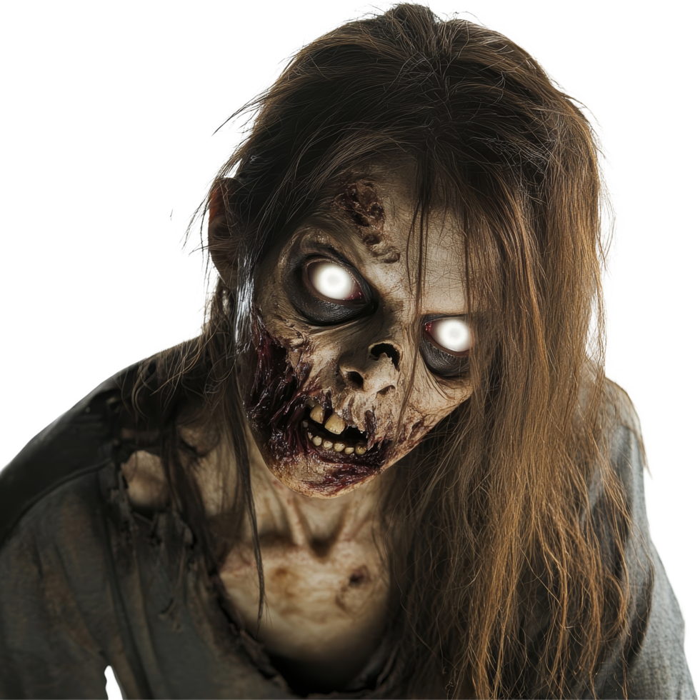 Female zombie with hollow transparent eyes on a plain transparent background showcasing eerie undead features, Female Zombie with transparent Eyes on transparent background png