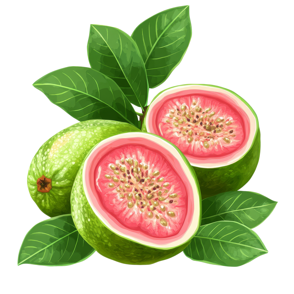 Fresh cut guava fruit with green skin and pink flesh isolated on a transparent transparent background for culinary use, Guava fruit isolated on ransparent transparent background png