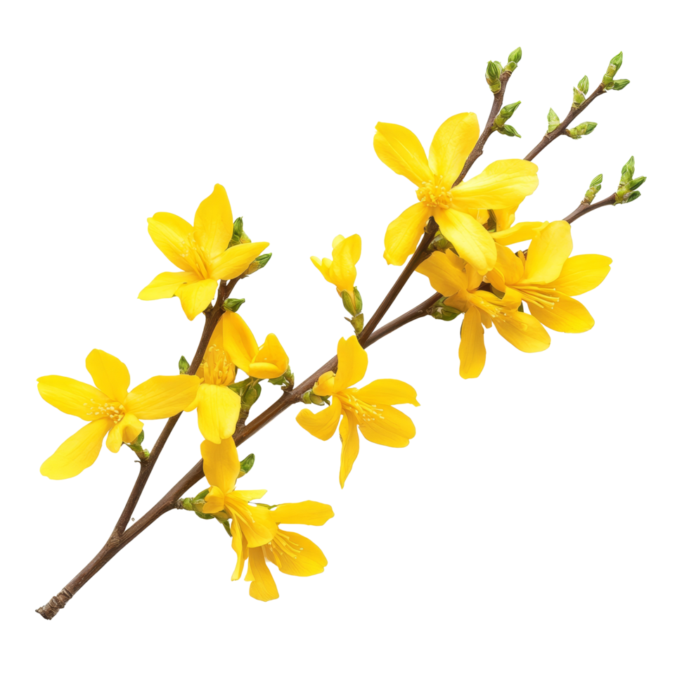 Delicate forsythia flowers in vibrant yellow showcasing springs beauty against a clean transparent background, forsythia flowers isolated on transparent background png