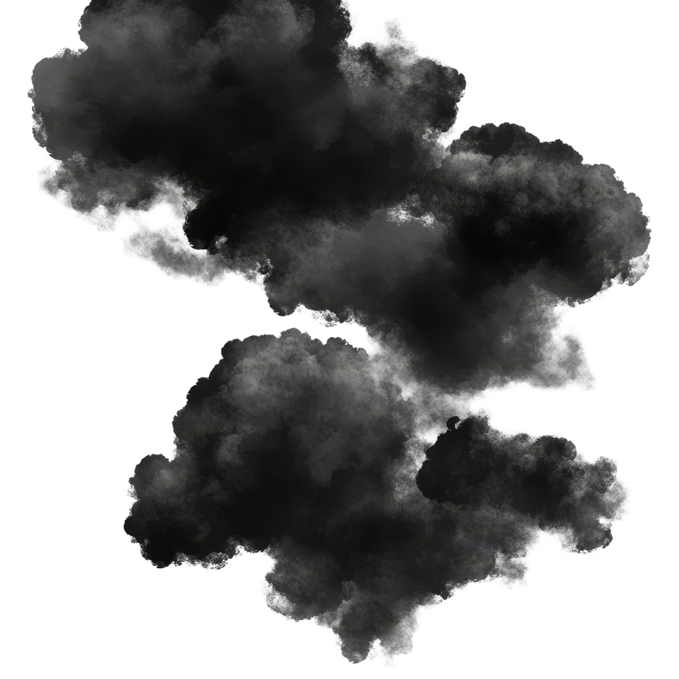 Black clouds floating on a transparent background creating a stark visual contrast and dramatic atmosphere, black clouds on transparent background png