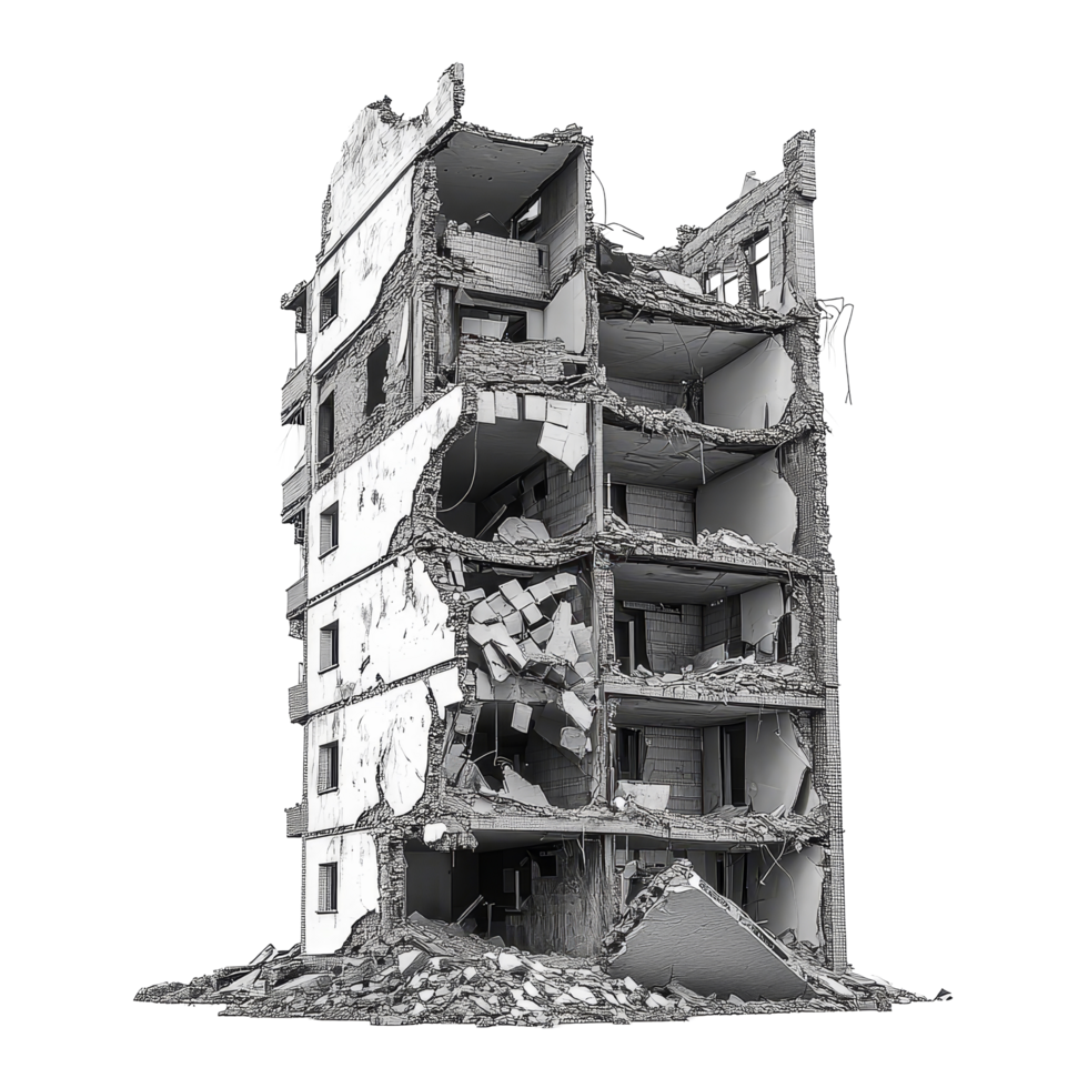 Destroyed building with exposed interiors on a transparent background highlighting structural collapse and decay, Destroyed building on transparent background png