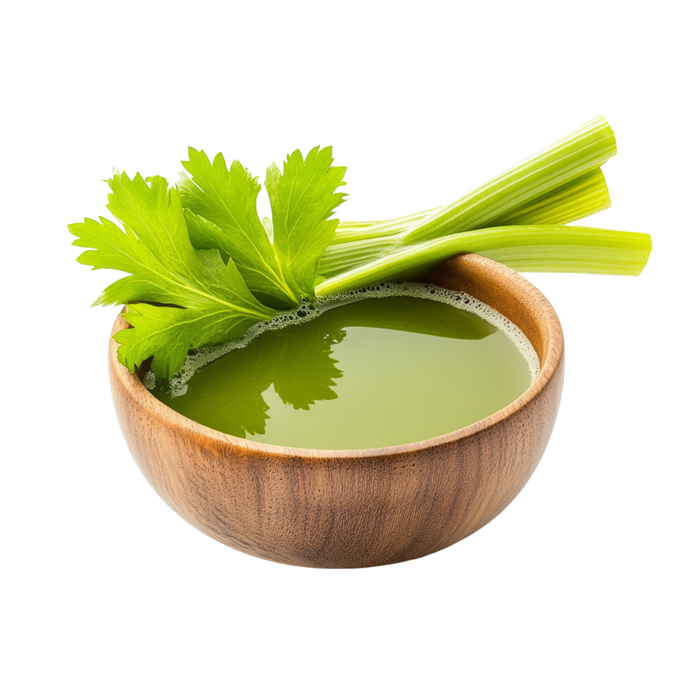 Fresh celery juice in a wooden bowl with green celery stalks isolated on a bright transparent background, Celery juice in wood bowl isolated on transparent background png