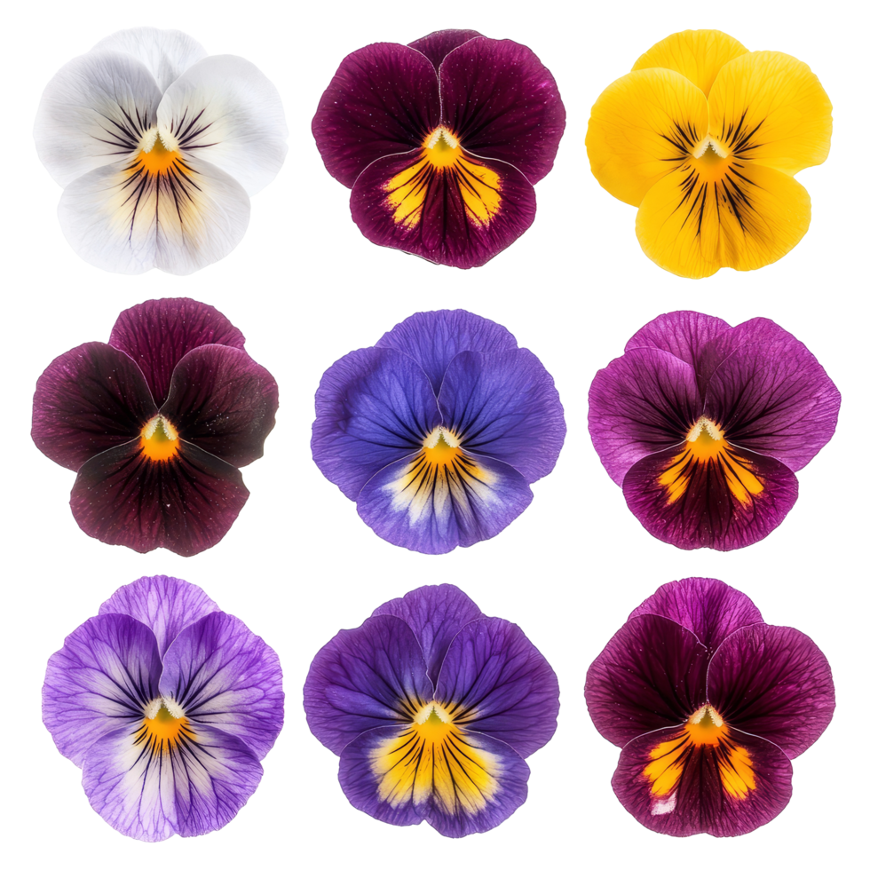 A colorful assortment of wild pansy flowers in various shades and patterns captured from a top view, various Single wild pansy flower top view and with isolated on transparent background png