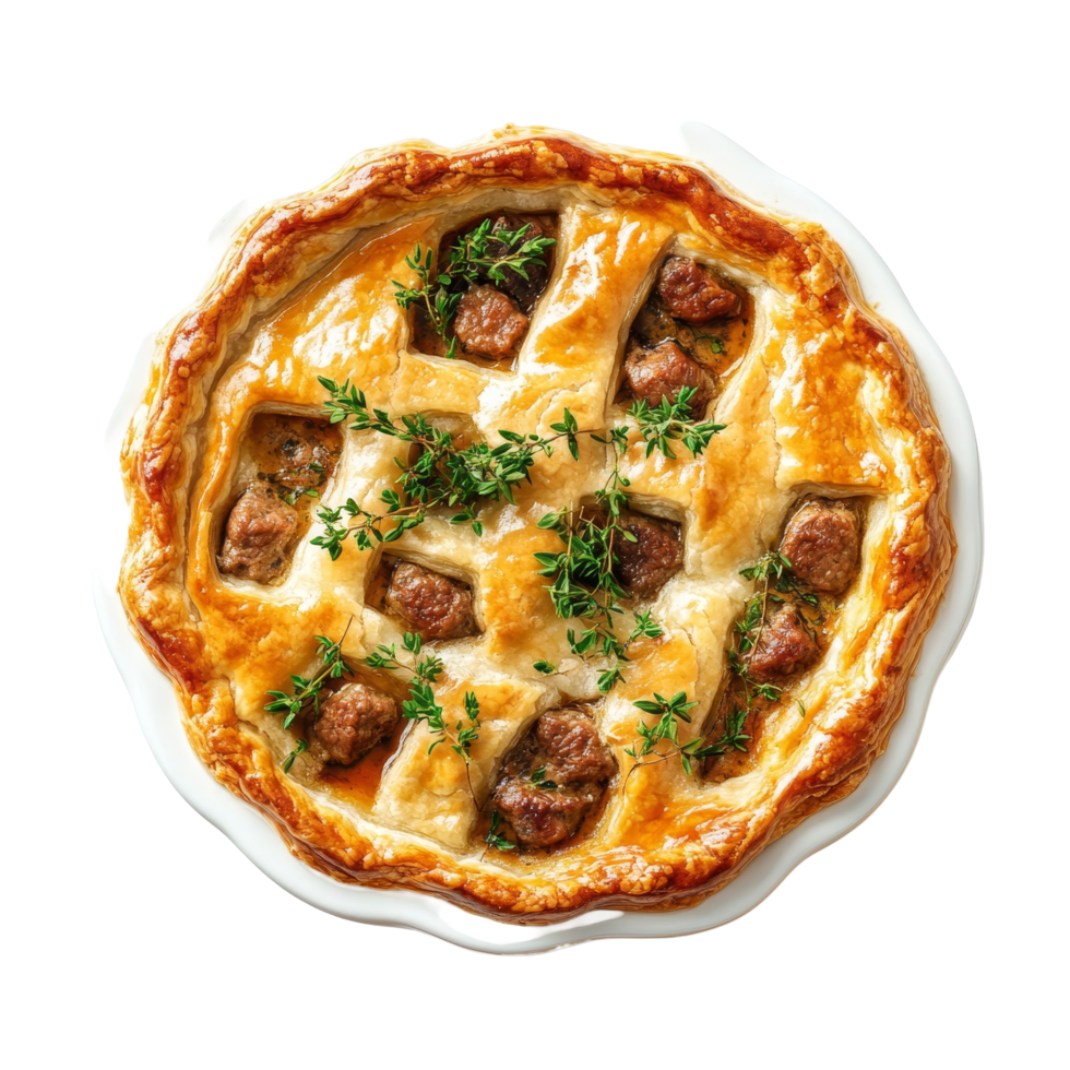 Delicious meat pie displayed from a top view on a bright transparent background, perfect for any occasion, meat pie dish top view isolated on transparent background png