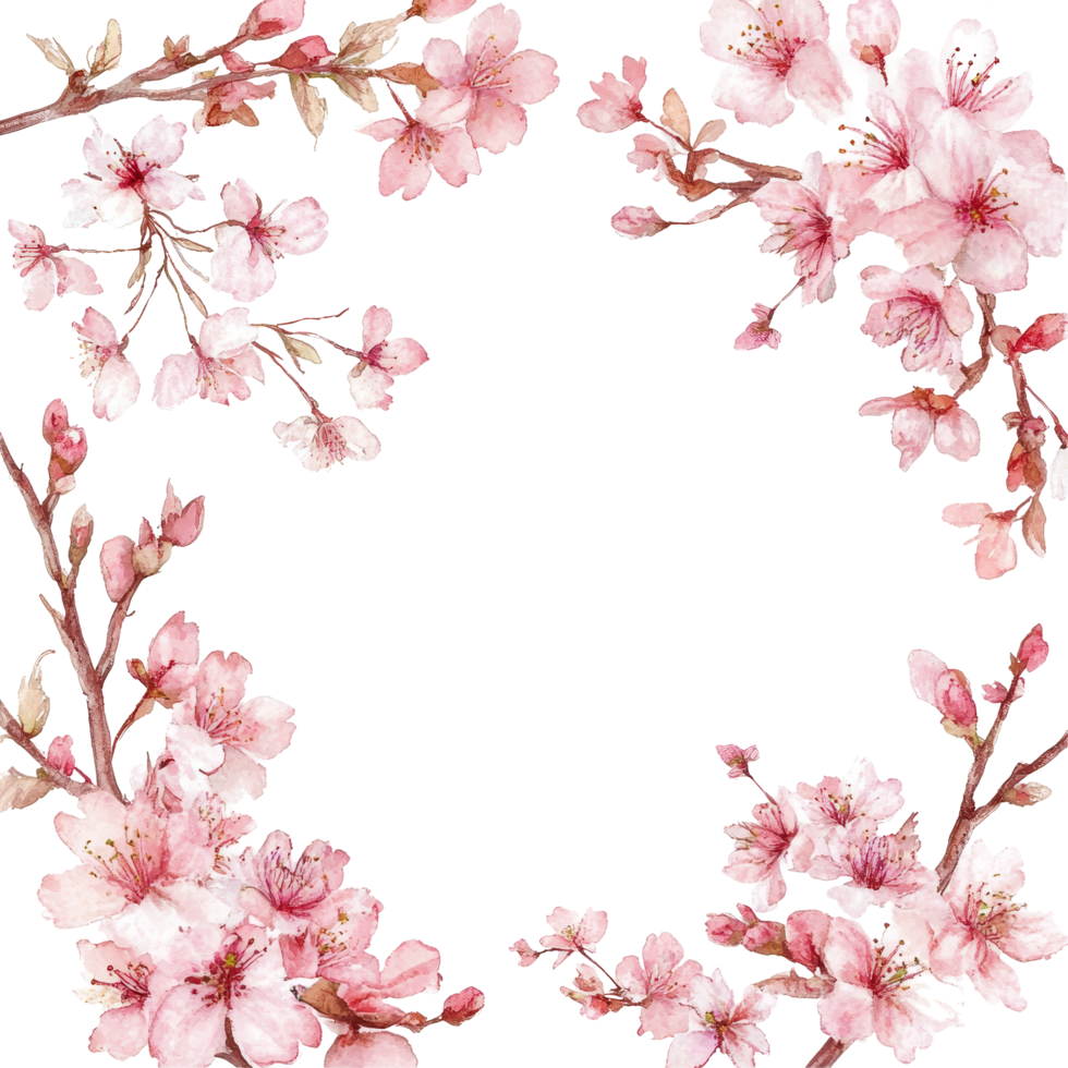 Delicate cherry blossom branches in elegant watercolor design for springtime decor and invitations, Elegant Sakura Branches Delicate Cherry Blossoms Frame Softly Textured Borders. png