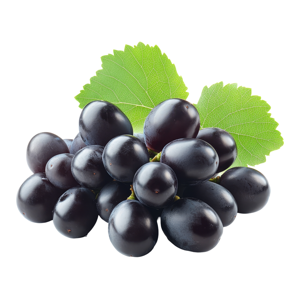 Fresh dark grapes with vibrant green leaves arranged on a clean transparent background for a natural and appealing display, dark grape fruits with leaves isolated on transparent background png