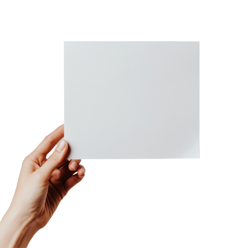 A hand holds a blank sheet of transparent paper against a minimalist transparent background for creative use or documentation, Hand holding transparent empty paper on transparent backgroundfile png