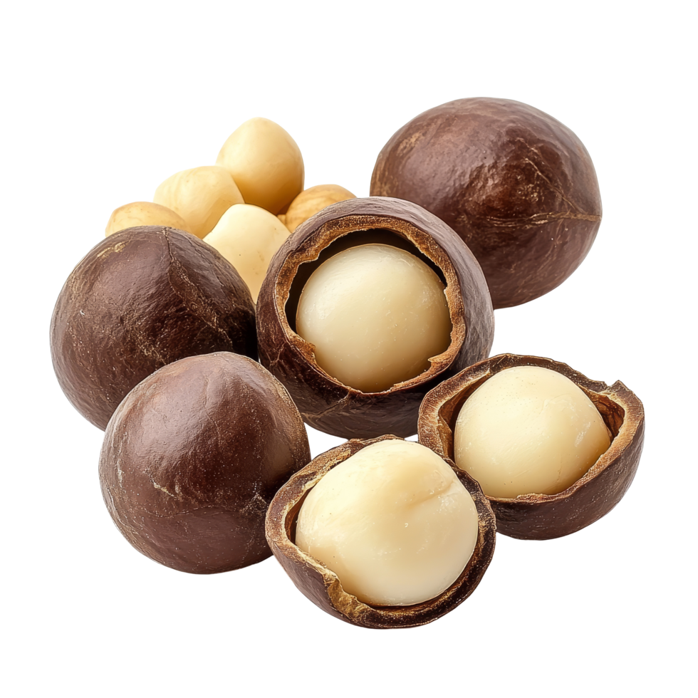 Fresh macadamia nuts displayed against a clean transparent background showcasing their natural beauty and texture, fresh macadamia nut on transparent background png