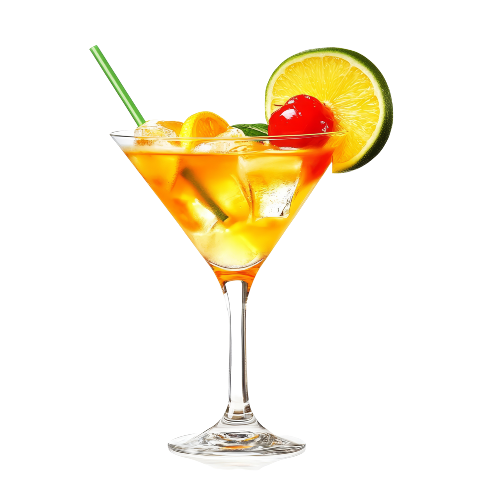 Refreshing summer cocktail with citrus and cherry garnishes served in a glass on a transparent background, Summer cocktail isolated on solid transparent background png