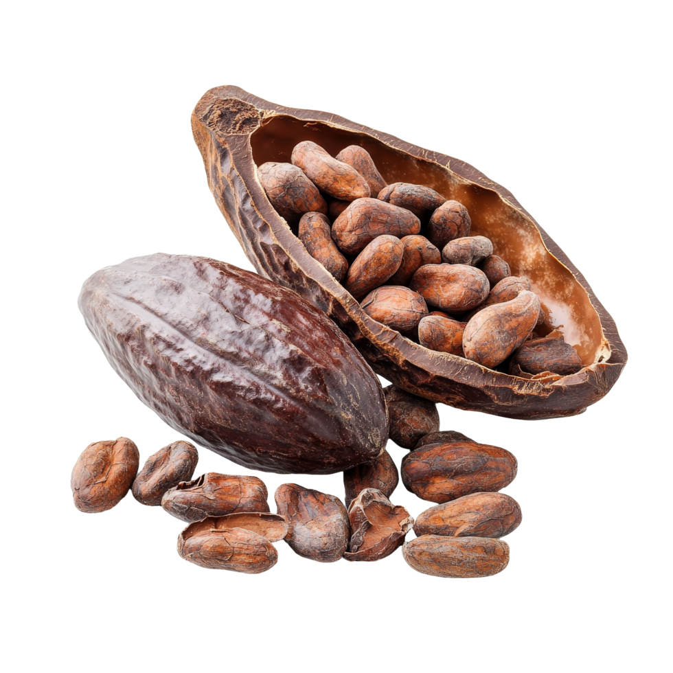 Fresh cocoa pod and beans isolated on a transparent background, showcasing the natural source of chocolate, Fresh cocoa isolated on transparent background png