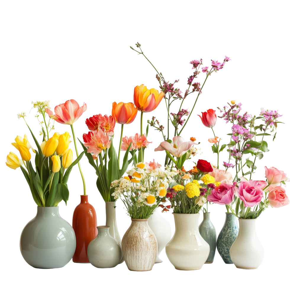 Colorful flower arrangements featuring tulips, lilies, and roses in various vases for a charming spring decor, Flower Arrangements in Vases, Tulips, Lilies, Roses, Orchids Isolated on transparent png