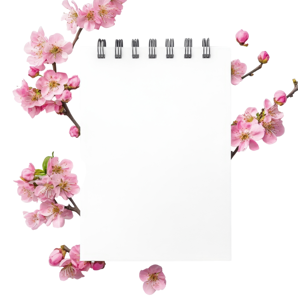 A blank spring notepad surrounded by delicate pink cherry blossom flowers on a transparent background, spring notepad front view, file of isolated object on transparent background png