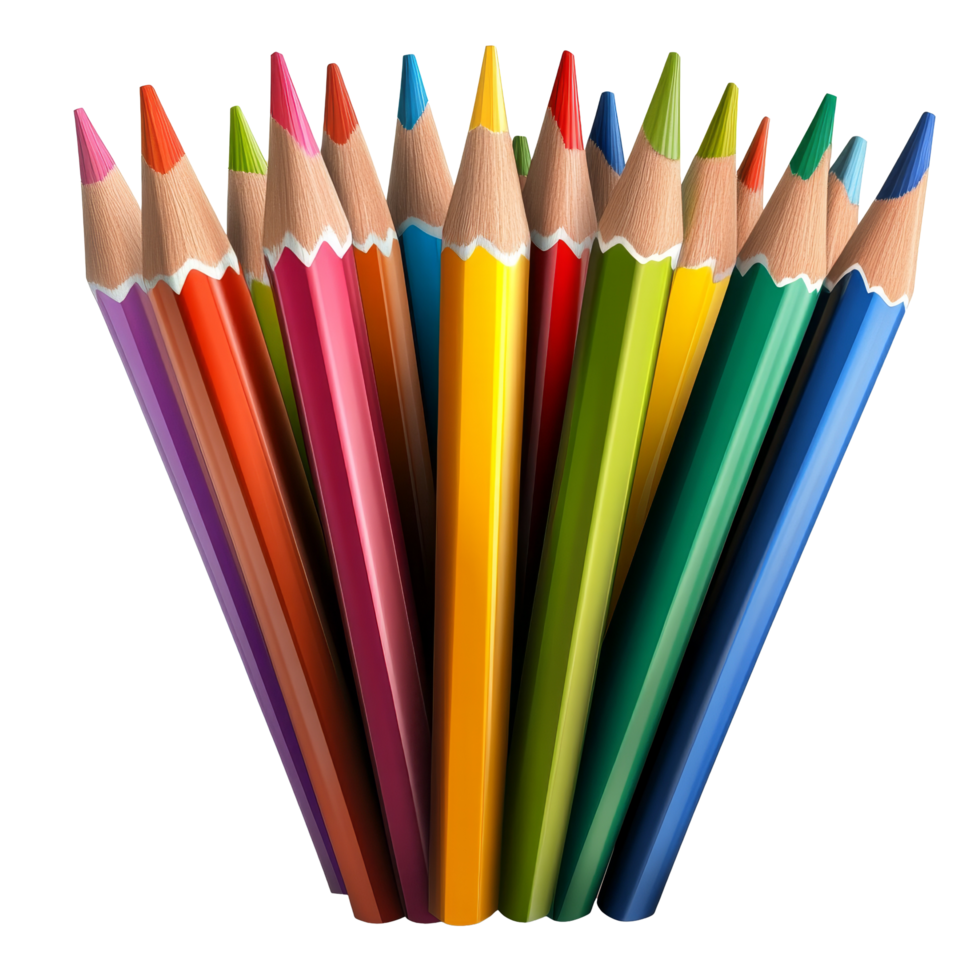 A vibrant collection of colored pencils arranged in a fan shape on a transparent background showcasing various colors, of colored pencils, file of isolated object with shadow on transparent background png