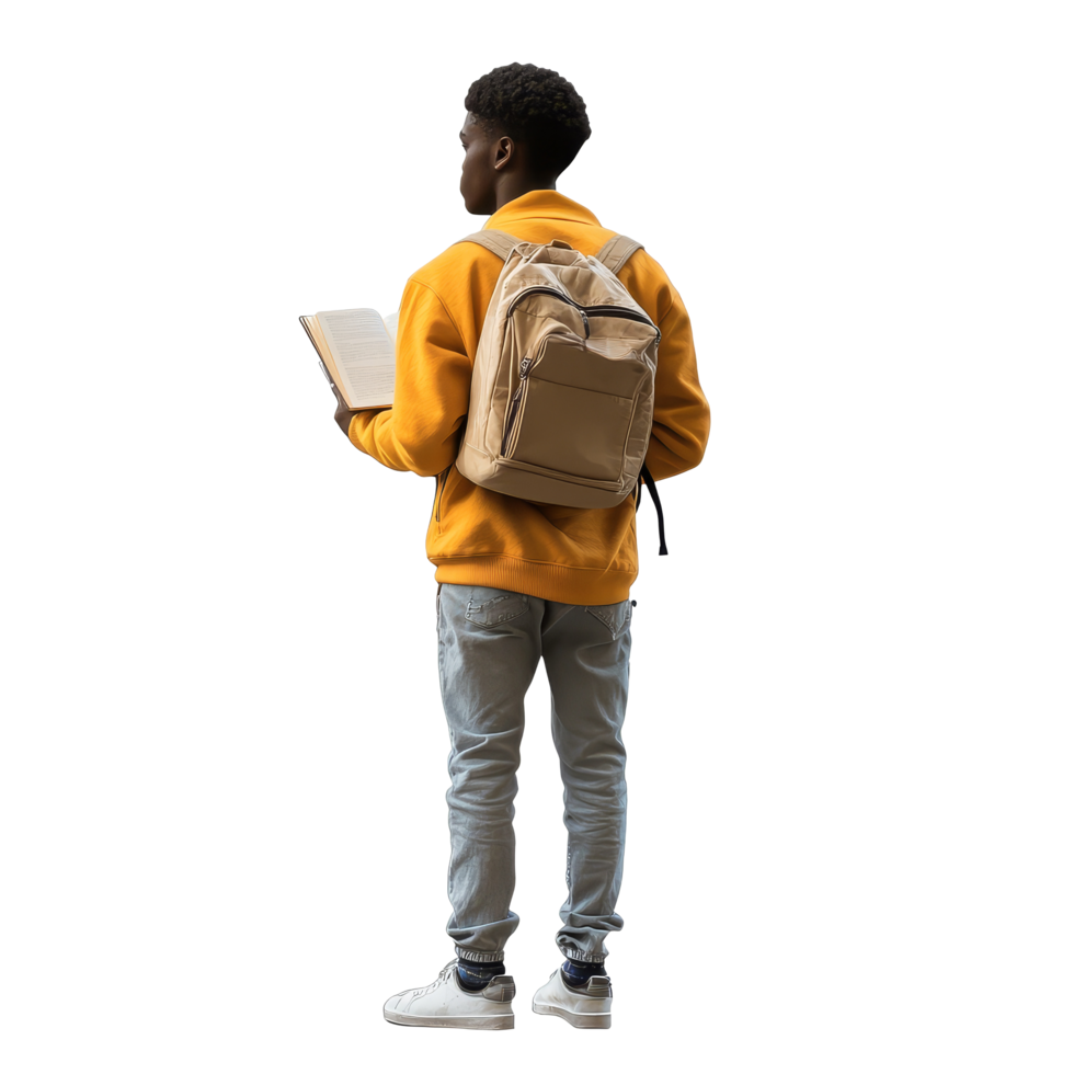 Student holding a book while standing with a backpack in a casual environment during daytime, Student standing and holding a book back view file no background png