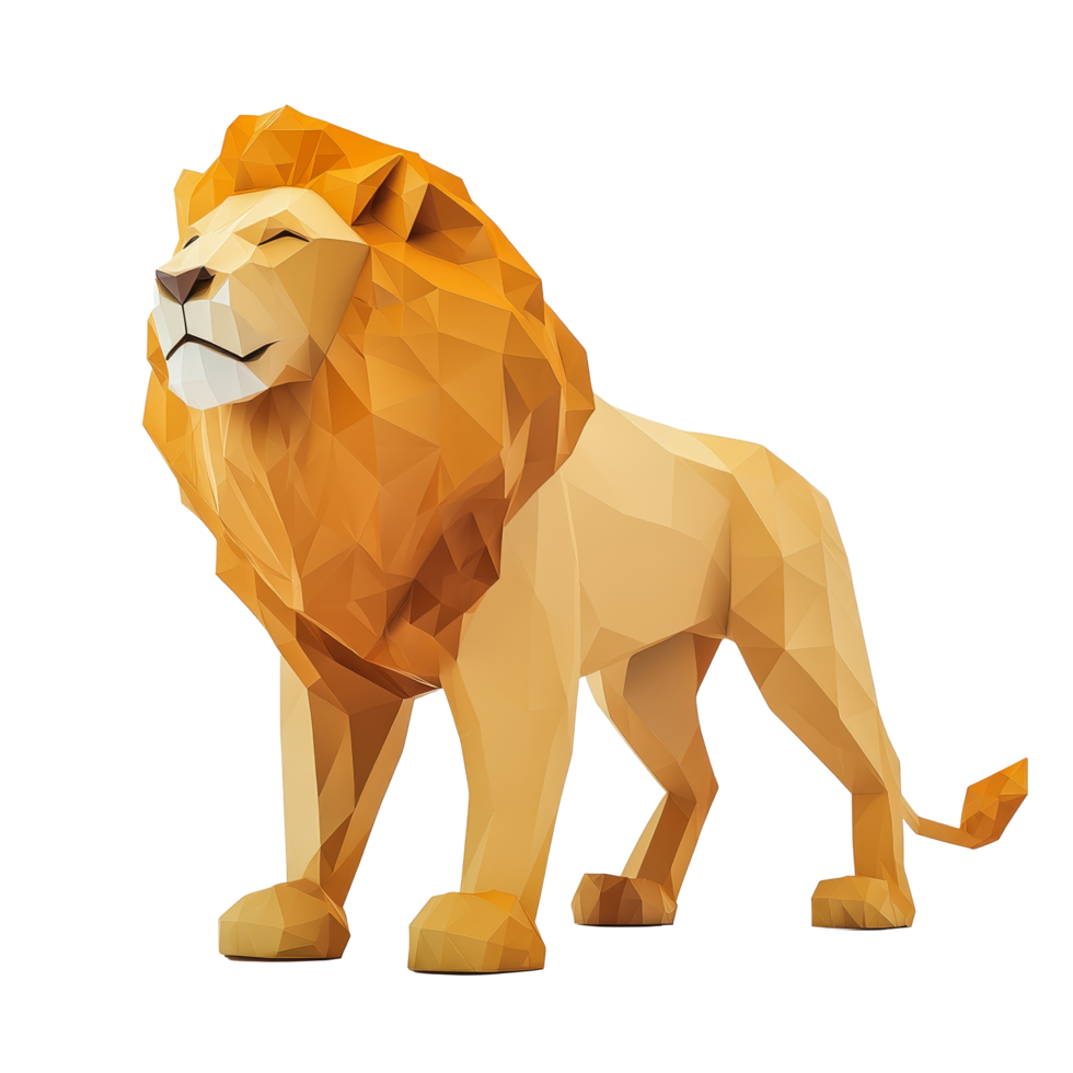 Stunning low poly papercraft lion sculpture showcasing intricate geometric design and vibrant colors, Lion Low Poly Papercraft 3d rendering isolated on transparent background png