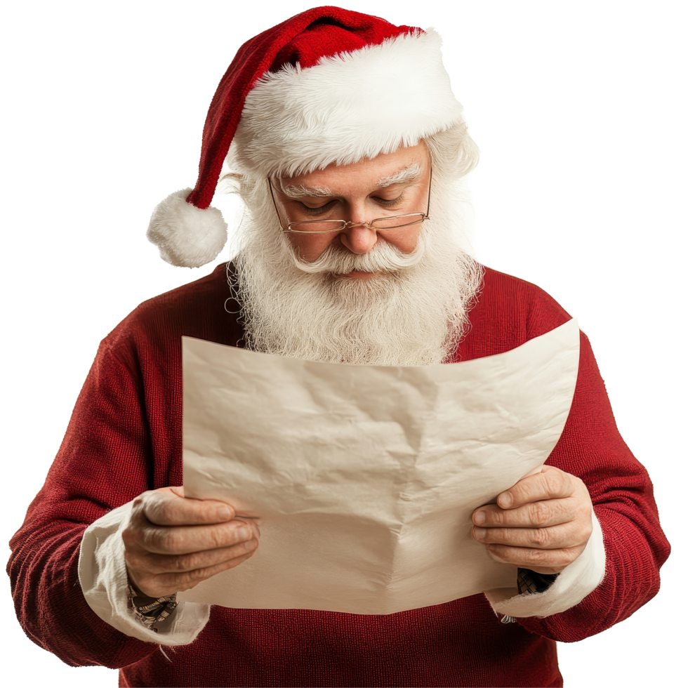 Santa Claus reading a heartfelt letter from a child at Christmas time on a transparent background, Letter for santa claus on transparent background png